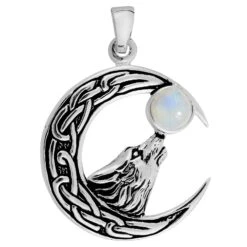 Hanger - Rainbow Moonstone Celtic Moon Wolf - 925 Silver