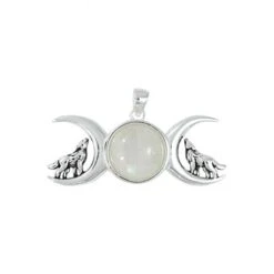 Hanger - Rainbow Moonstone Triple Moon Wolf - 925 Silver